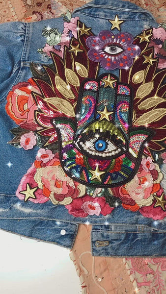 Aesthetic Street Style Painted Denim Jacket Evil Eye Sequin Denim