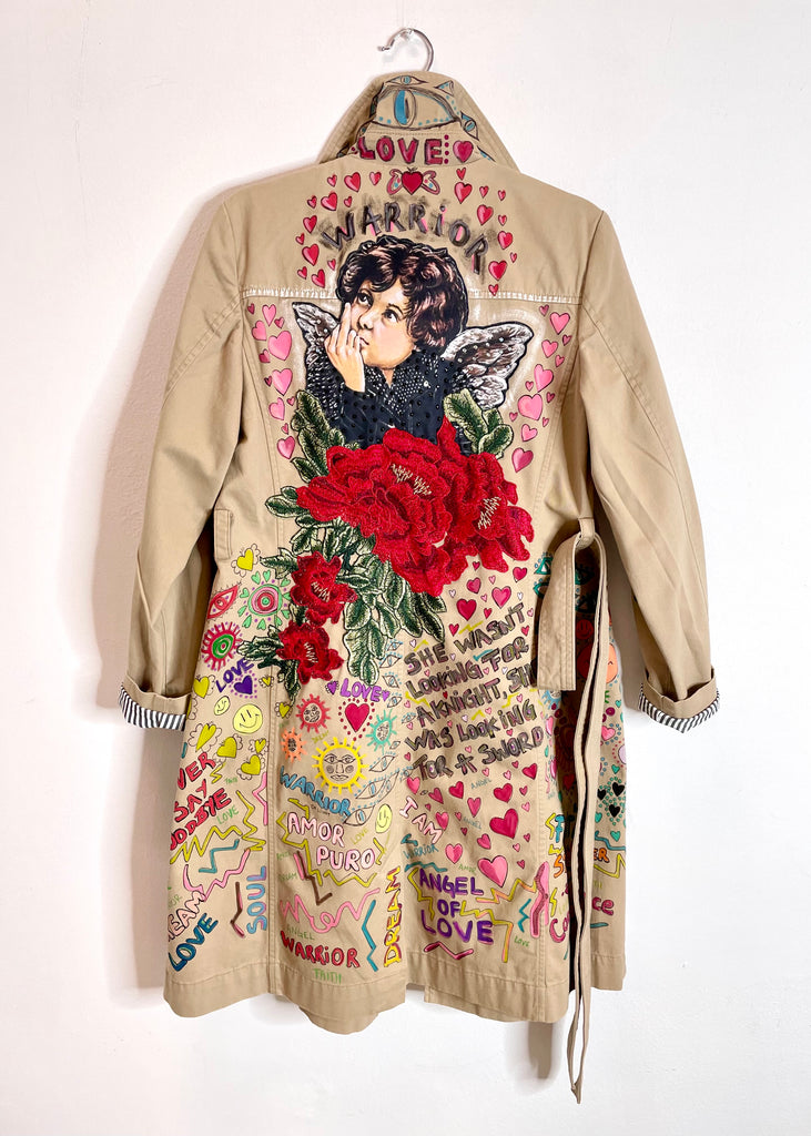 Hand painted Use Your Voice Cherub Trench Coat/ Long Jacket