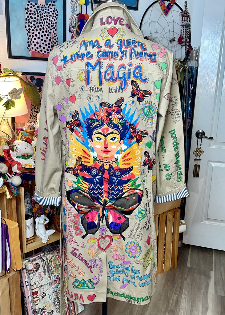 Hand painted Frida Magia Trench Coat/ Long Jacket