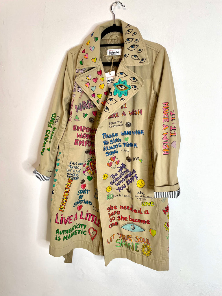 Hand painted Use Your Voice Cherub Trench Coat/ Long Jacket